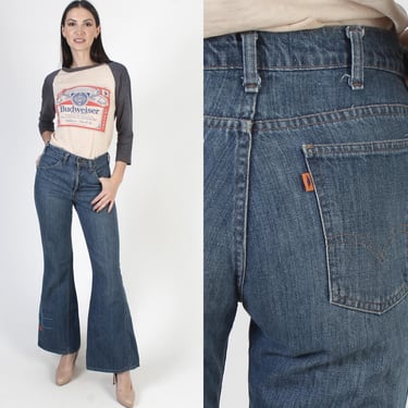 Levis Fresh Produce Bell Bottom Jeans, Womens Embroidered Flares, Dark Denim Hippie Pants, Waist Size 30 