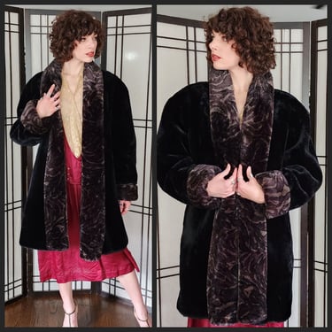 90s does 20s Faux Fur Coat Black Brown by Monterey Deadstock NOS 