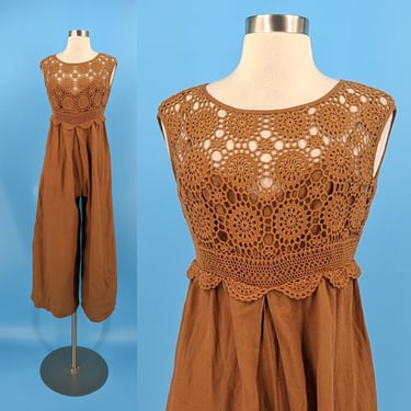 Vintage 90s Laundry by Shelli Segal Brown Linen Jumpsuit - Nineties Size 4 Wide Leg Jumpsuit with Crochet Top 