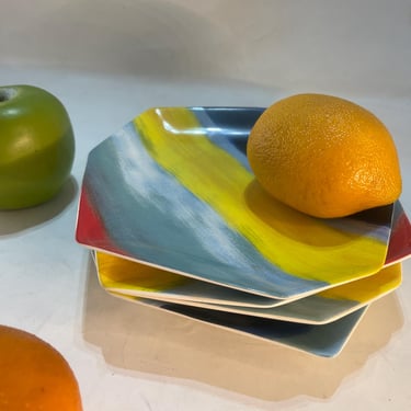 Rare! Diane von Furstenberg Shabby Stripe Dessert Plates | Set of 4 | Multicolor Porcelain | Geometric Design | Collectible 