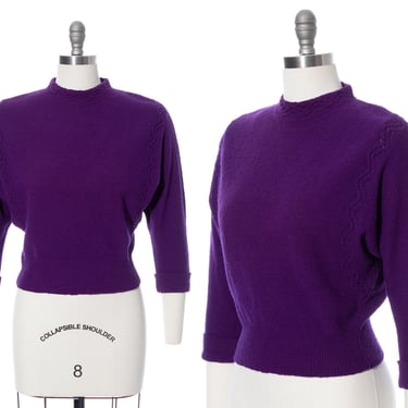 Vintage 1940s 1950s Sweater | 40s 50s LOFTIES Royal Purple Knit Wool Chenille Cropped Dolman Sleeve Pullover Top (x-small/medium/large) 