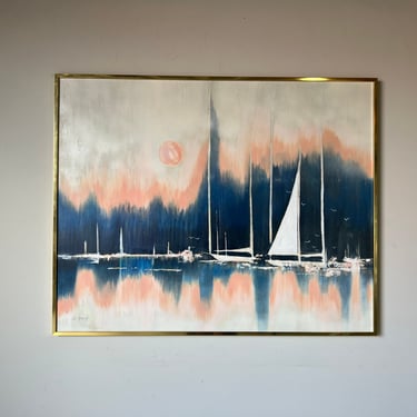 1980's Large Vintage L. Young Regatta Nautical Seascape Oil on Canvas Painting, Framed 