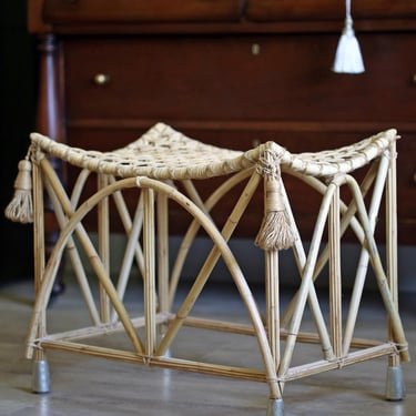 Vintage Rattan Boho Stool | Woven Cane Ottoman | Philippines Handmade Seat | Plant Stand or Vanity Stool | Boho Coastal Accent 