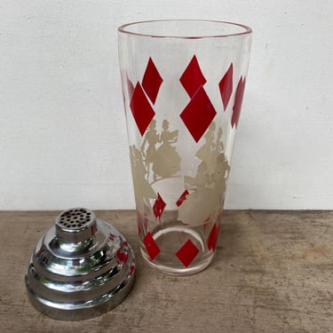 Vintage Red Diamond Cocktail Shaker With Colonial Dancers, READ, 50's Barware, Silver Lid, Man Cave 