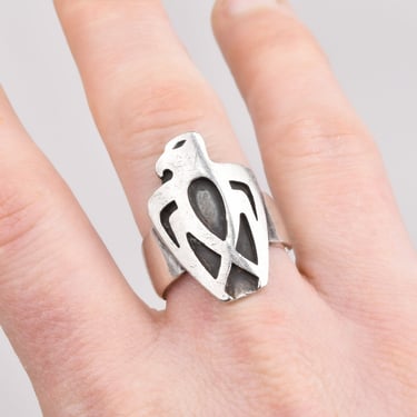 Modernist Sterling Silver Thunderbird Ring, Carved Designs, Native American Jewelry, Size 8 1/2 US 