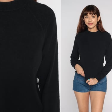 Black Acrylic Sweater 00s Knit Pullover Sweater Raglan Sleeve Retro Basic Plain Solid Jumper Vintage y2k Lightweight Petite Small 