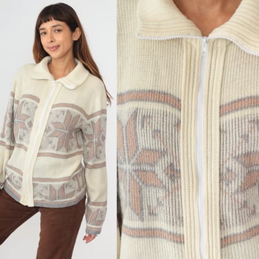 Nordic Snowflake Cardigan 80s Cream Zip Up Knit Sweater Fair