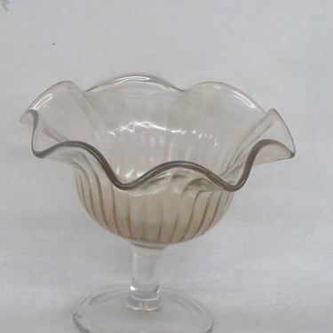 Iridescent Clear Glass Ribbed Ruffled Rim Pedestal Compote Candy Dish 3357B