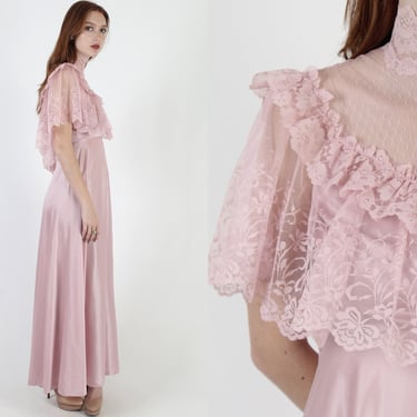 Vintage 70s Blush Lace Dress, Sheer Floral Bridal Bridesmaid Dress, Long Victorian Tea Party Gown, Pink Antique Style Maxi Dress 