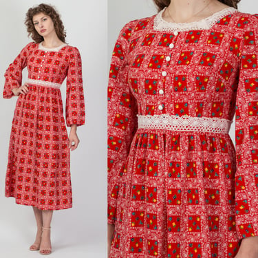 70s Floral & Paisley Bandana Print Prairie Dress - Extra Small | Vintage Red Crochet Trim Boho Long Sleeve Midi 