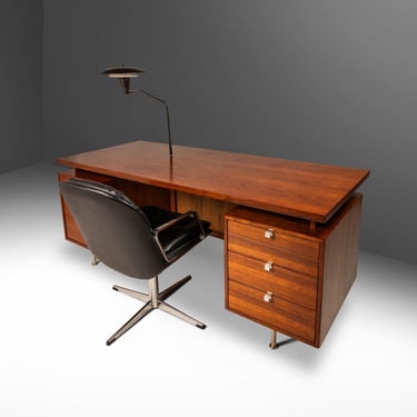 Mid-Century Modern Executive Desk in Walnut w/ Cane Front & Flying Saucer Lamp by George Nelson for Herman Miller, USA, c. 1960's 