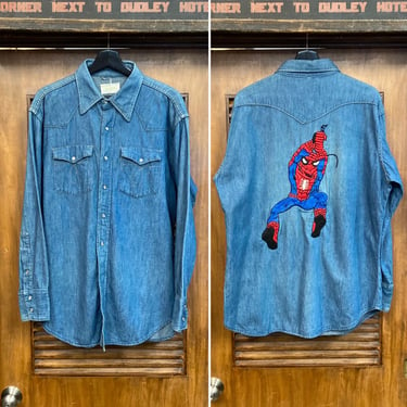 Vintage 1970’s “Ranchcraft” Denim Western Shirt with Spider-Man Embroidery, 70’s Custom Vintage, 70’s Marvel, Vintage Clothing 