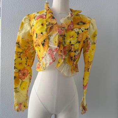 Vintage 70s Gold Floral Cropped Top Long Sleeve Floral Peasant Top; 70s Romantic Floral Bohemian Bolero Ruffled Sleeves XL 