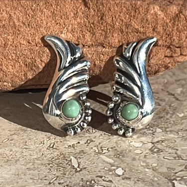 Vintage Mexico Silver Winged Screw Back Earrings with Green Center - c. 1940's 