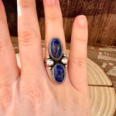 DOUBLE BLUE Lapis and Silver Ring | Sterling Silver Details | Statement Ring | Art Deco Style Jewelry | Size 5 1/4 