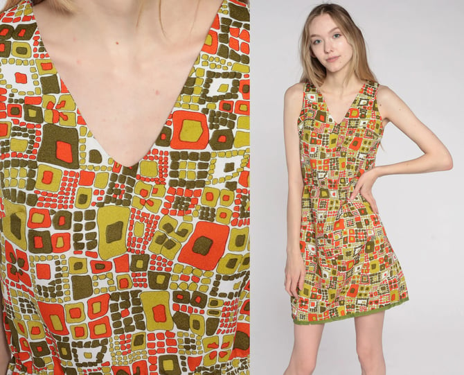 60s Mini Dress Mod Op Art Geometric Dress 70s Gogo High Waist Vintage Sixties Twiggy Go Go Sleeveless MiniDress Small 