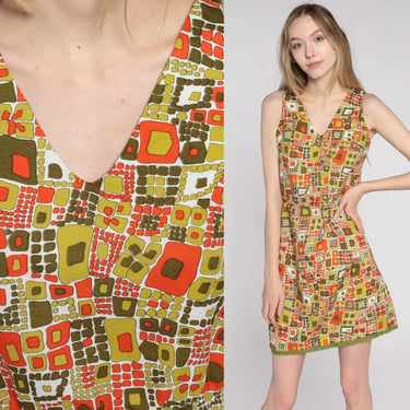 60s Mini Dress Mod Op Art Geometric Dress 70s Gogo High Waist Vintage Sixties Twiggy Go Go Sleeveless MiniDress Small 