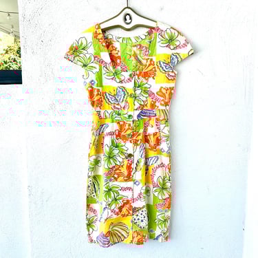 Vintage 80s 90s Hawaiian Seashell Dress 1980s 1990s Hawaii White Green Shell Shirtdress 