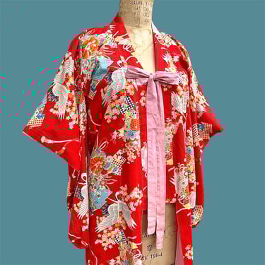 Vintage Kimono Retro 1970s Handmade + Traditional + Robe + Red + Pink + Cranes and Flowers + Tie Front + Cotton + Collectible Textile 