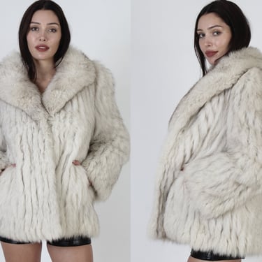 Vintage 80s Cream Arctic Fox Fur Coat, Chubby Real Fur Plush Jacket, Womens Ivory Velvet Inlay Fox Jacket 