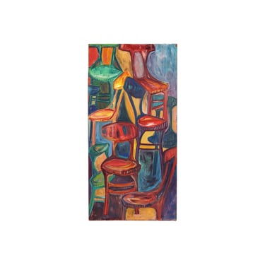 Vintage Expressionist Acrylic Painting on Board Still Life Chairs 