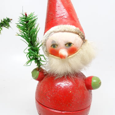 Antique 1940's German Bobble Head Santa Candy Container, Hand Painted for Christmas, Fur Beard, Goose Feather Tree 