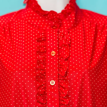 Vintage 1960s Red Polka Dot Ruffle Blouse | XL | 10 
