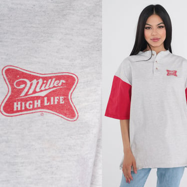 Miller High Life T-Shirt 90s Henley Shirt Beer Logo Graphic Tee Retro Button up TShirt Alcohol Drinking Heather Grey Red Vintage 1990s XL 