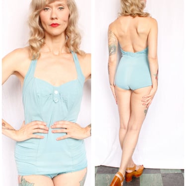 1950s Penny's Blue Pin-Up Swimsuit - Medium 
