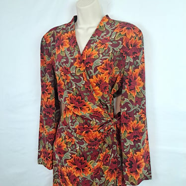 Vintage 90s Orange Autumn Floral Wrap Dress 