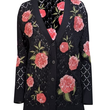 Alice & Olivia - Black Wool Blend Cardigan w/ Pink Floral Embroidery Sz S