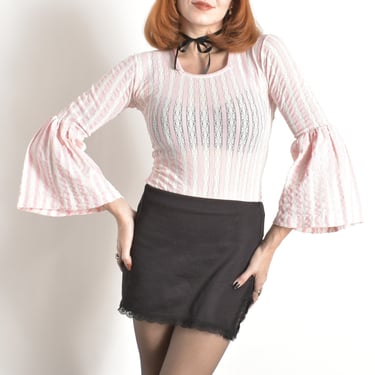 Vintage 1960s Bodysuit / 60s Danskin Striped Flare Sleeve Bodysuit / White Pink ( S M ) 