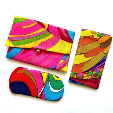 Vintage 60s 70s Psychedelic Hippie Bag Set Rainbow Swirl Wallet Eyeglass Sunglasses Holder Handbag 