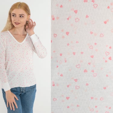 Heart Print Thermal Shirt 80s White Waffle Knit Long Sleeve T-Shirt Long Underwear V Neck Undershirt Top Pink Vintage 1980s Small Medium 