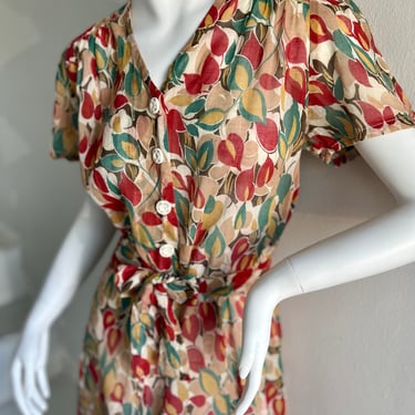 Beautiful Late 1930s Earthy Tones Floral Cotton Lawn Day Dress Vintage 30s 42 Bust 