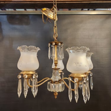 1940s Vintage Brass and Crystal Chandelier