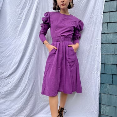 Vintage Corduroy Dress / Purple Corduroy Autumnal Dress with Bow Puffed Sleeves / Designer Eighties Dress / 90's Corduroy Dress 