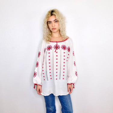Eastern European Blouse // vintage 70s boho hippie white top shirt dress hippy hand embroidered Hungarian Romanian // O/S 