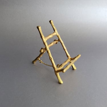 Small faux bamboo brass easel Picture frame stand Vintage photo holder Chinoiserie art decor 