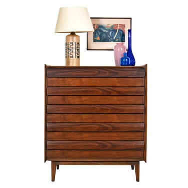 American Modernist Tall Walnut Dresser w. Louvered Drawers