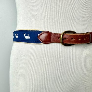 80’s Whale print belt with leather ~ Cobalt blue white Retro novelty Preppy belts~ size SM 27”-30” waist 