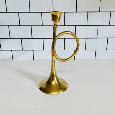 Vintage Brass Horn Candlestick Holder 