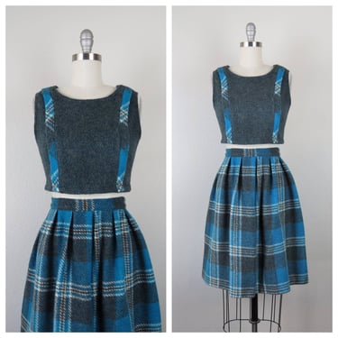 Vintage 1960s wool plaid skirt and matching top, 2 piece set,  mod, mini 