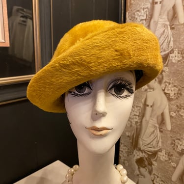 1960s hat, mustard yellow,  fuzzy mohair, cloche style, vintage 60s hat, mod style, mr John, retro style, rolled brim, bowler style, 22 inch 