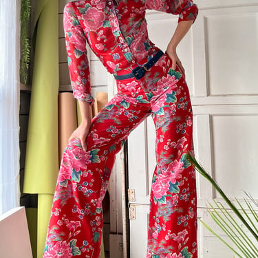 70s Floral Novelty Print Pant Suit