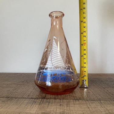Vintage Peach Glass Decanter Vase with Sailboats 1951 Festival of Britain 