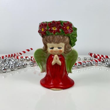 Vintage Lefton Angel Girl with Poinsettia Wreath, Christmas Tea light Candleholder, Red Dress, Retro Holiday Decor, Vintage Christmas Angel 