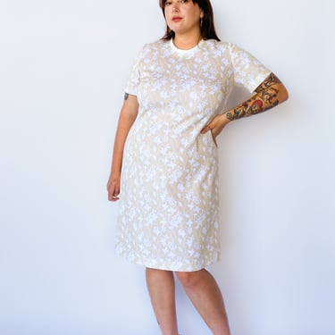 1970s Cream Floral Midi Dress, sz. XL-2XL