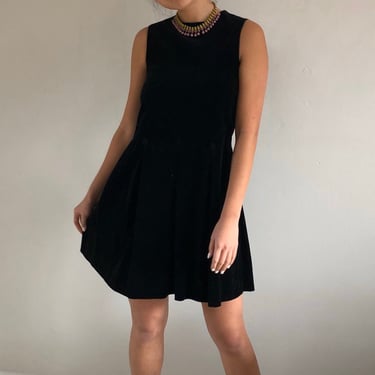 60s velvet scooter dress / vintage black cotton velvet velveteen sleeveless dropped waist pleated mod mini LBD dress | Small 