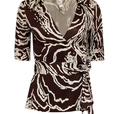 Diane von Furstenberg - Brown &amp; Cream Print Wrap Top Sz 8